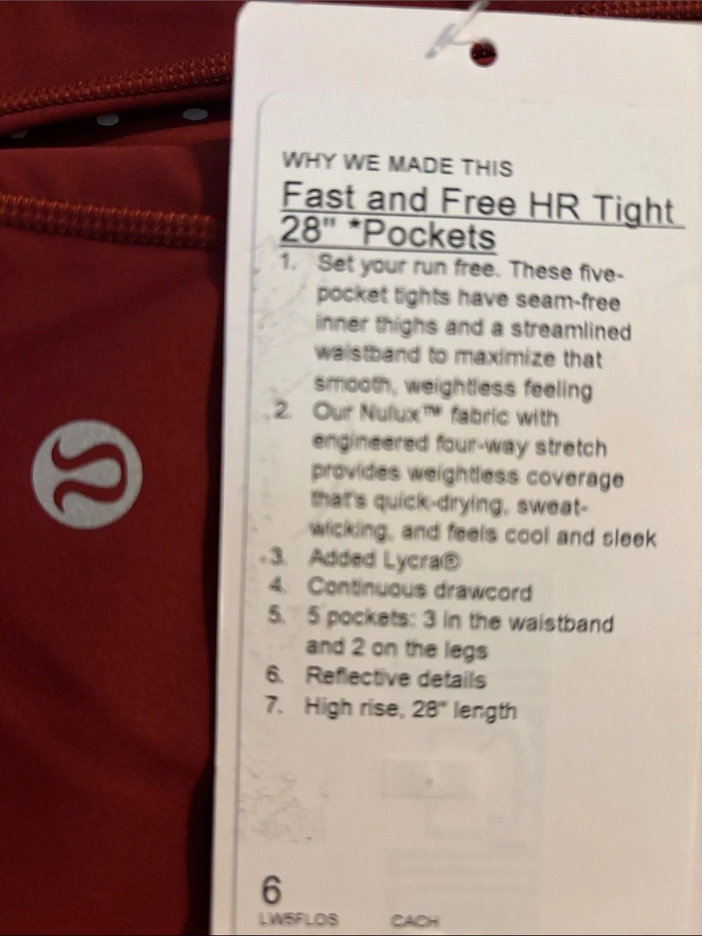 Lululemon Fast and Free High-Rise Tight 28” *Pockets, Cranberry Charm, Size 6